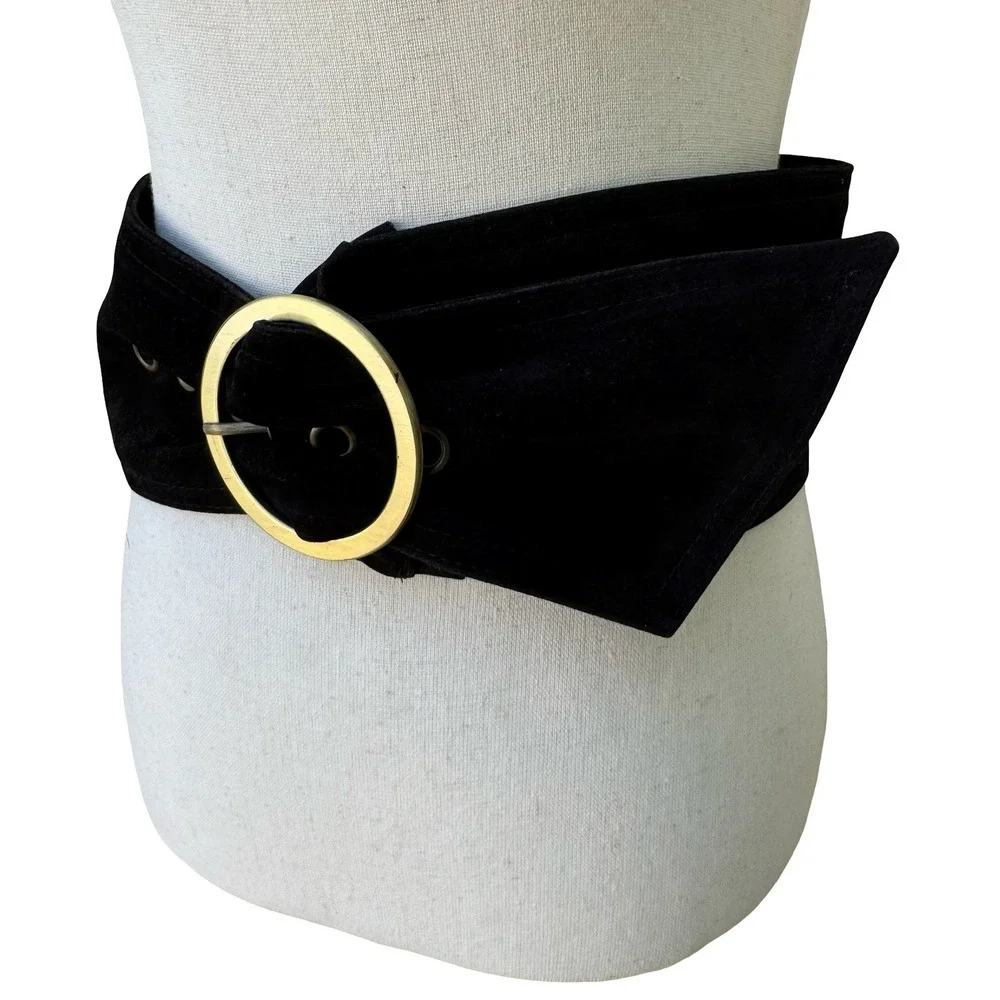 Vintage 90s Y2K Black Velvet Wide Waist Cinch Belt Gold Tone Circle Buckle Wrap